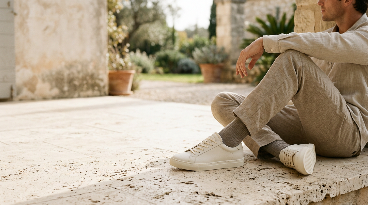 Minimalist unbranded lifestyle sneakers resting on warm stone