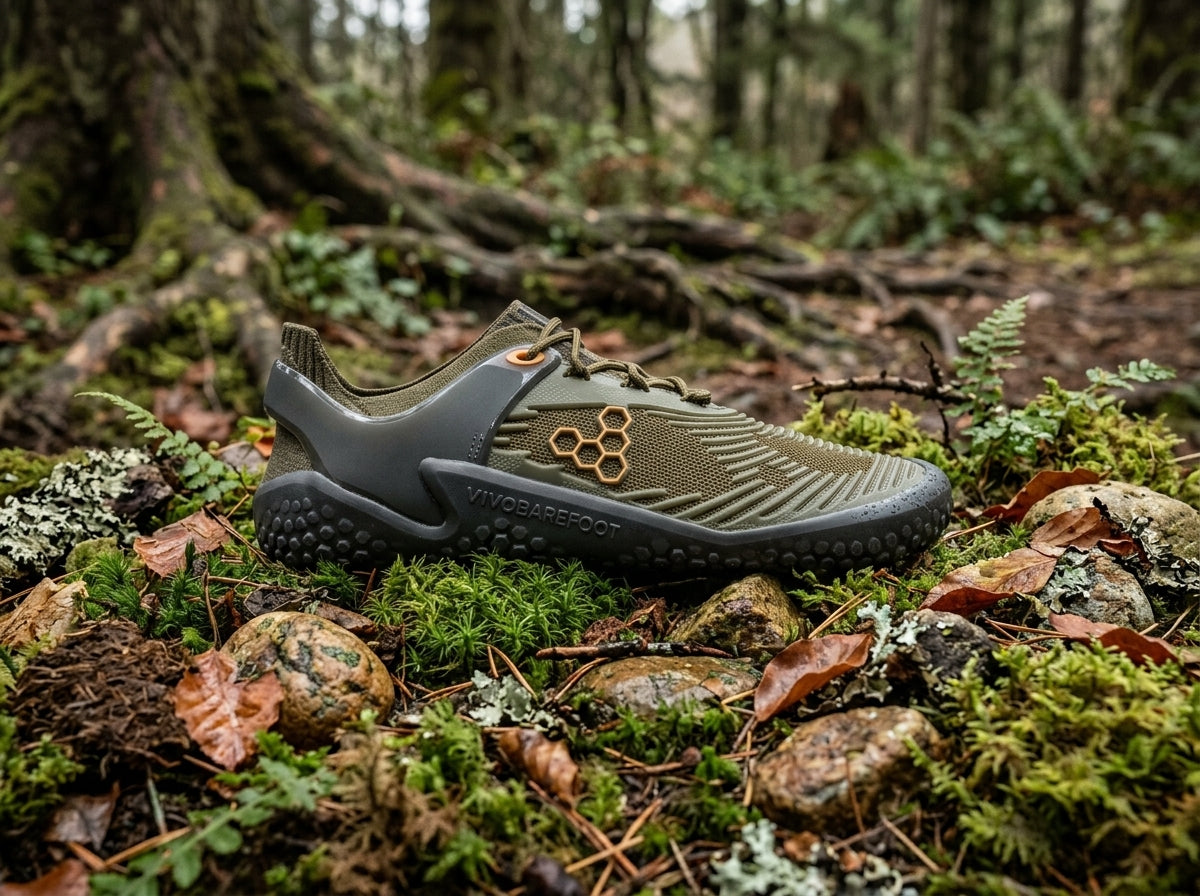 Vivobarefoot Motus Strength II Dark Olive lifestyle on trail